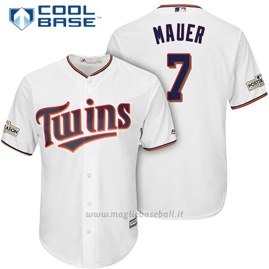 Maglia Baseball Uomo Minnesota Twins 2017 Postseason Joe Mauer Bianco Cool Base